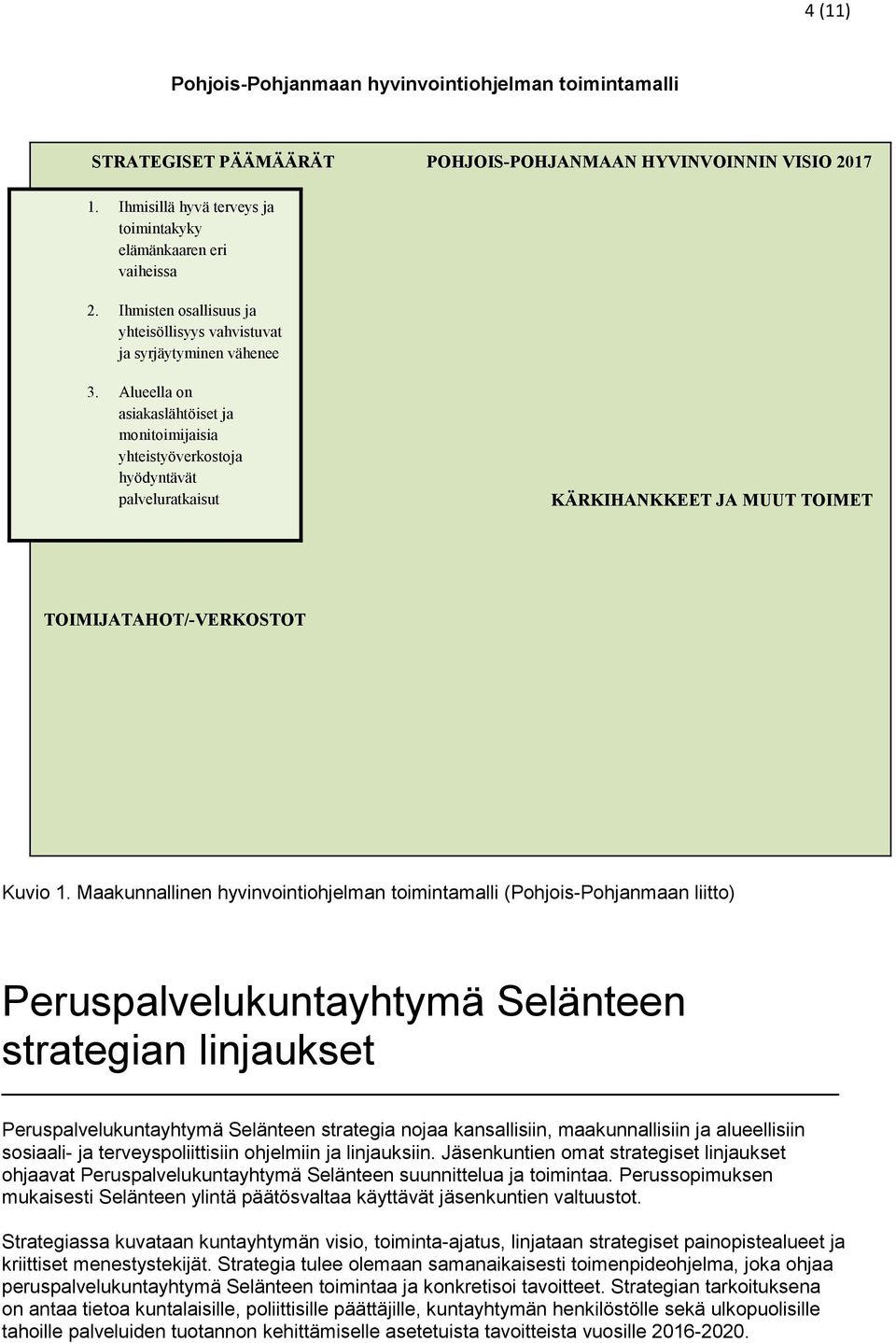 Alueella on asiakaslähtöiset ja monitoimijaisia yhteistyöverkostoja hyödyntävät palveluratkaisut KÄRKIHANKKEET JA MUUT TOIMET TOIMIJATAHOT/-VERKOSTOT Kuvio 1.