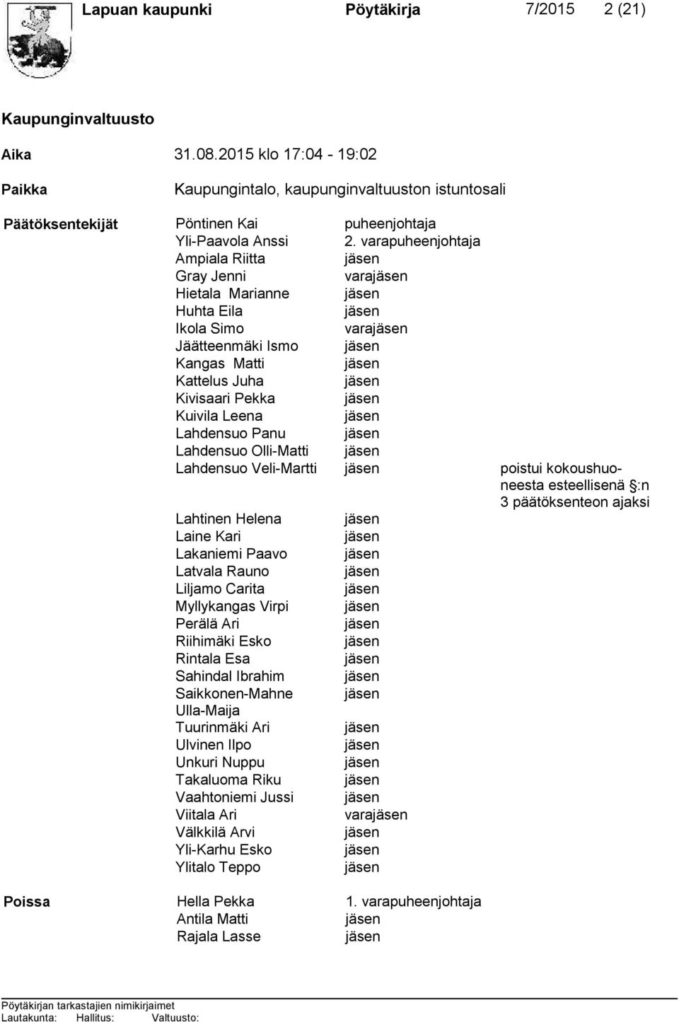 varapuheenjohtaja Ampiala Riitta Gray Jenni vara Hietala Marianne Huhta Eila Ikola Simo vara Jäätteenmäki Ismo Kangas Matti Kattelus Juha Kivisaari Pekka Kuivila Leena Lahdensuo Panu Lahdensuo