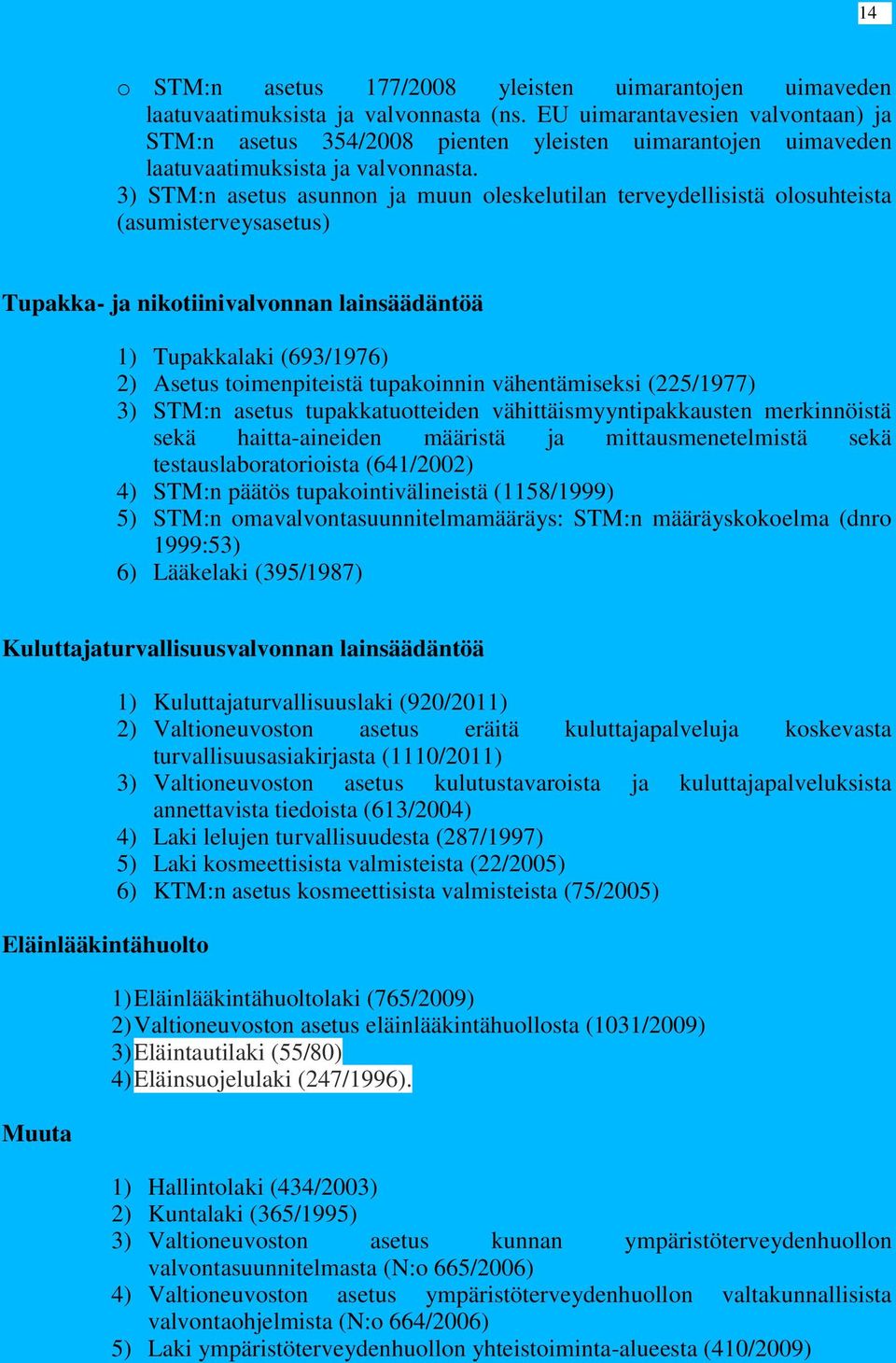 3) STM:n asetus asunnon ja muun oleskelutilan terveydellisistä olosuhteista (asumisterveysasetus) Tupakka- ja nikotiinivalvonnan lainsäädäntöä 1) Tupakkalaki (693/1976) 2) Asetus toimenpiteistä