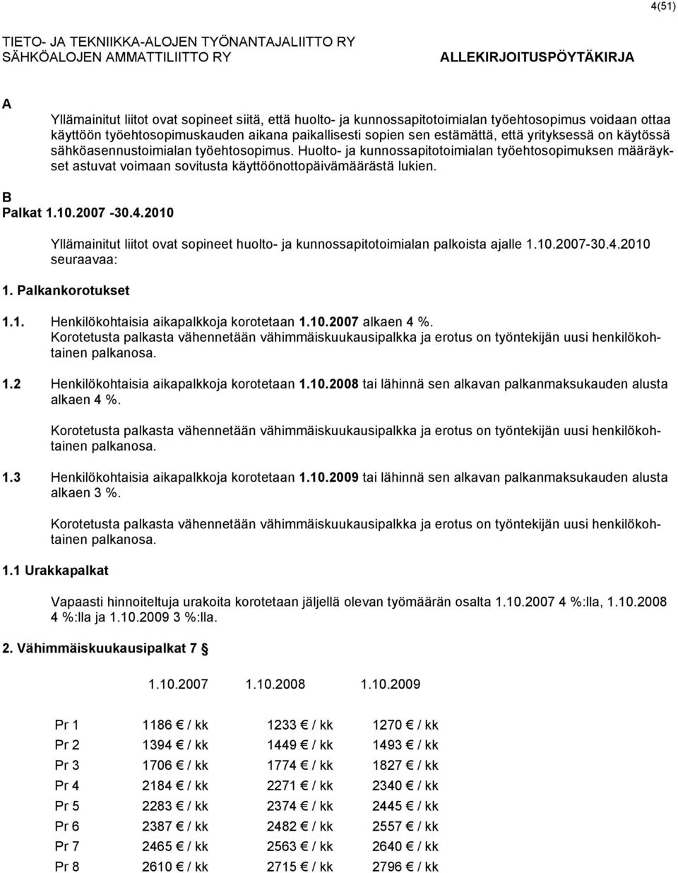 Huolto- ja kunnossapitotoimialan työehtosopimuksen määräykset astuvat voimaan sovitusta käyttöönottopäivämäärästä lukien. B Palkat 1.10.2007-30.4.