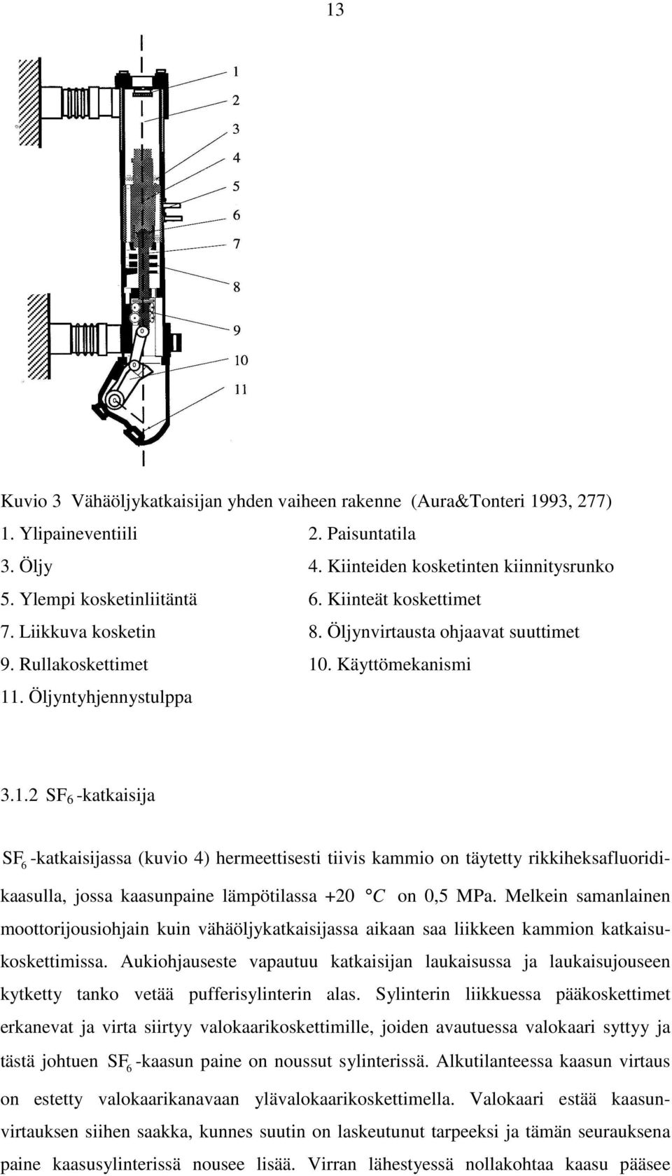 . Käyttömekanismi 11. Öljyntyhjennystulppa 3.1.2 SF 6 -katkaisija SF6 -katkaisijassa (kuvio 4) hermeettisesti tiivis kammio on täytetty rikkiheksafluoridikaasulla, jossa kaasunpaine lämpötilassa +20 C on 0,5 MPa.