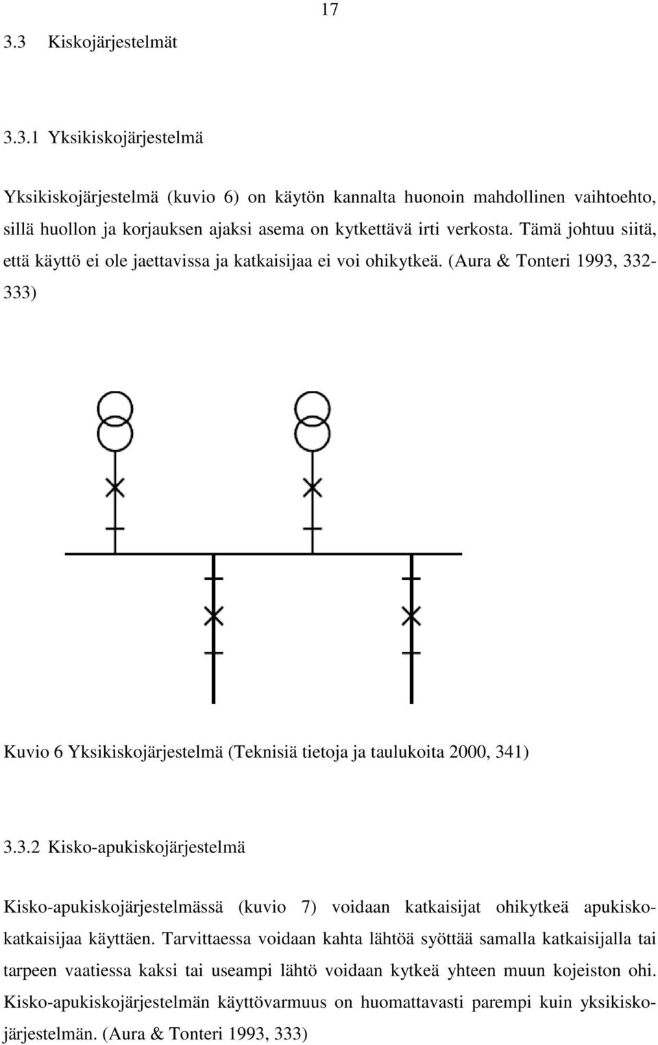 332-333) Kuvio 6 Yksikiskojärjestelmä (Teknisiä tietoja ja taulukoita 2000, 341) 3.3.2 Kisko-apukiskojärjestelmä Kisko-apukiskojärjestelmässä (kuvio 7) voidaan katkaisijat ohikytkeä apukiskokatkaisijaa käyttäen.