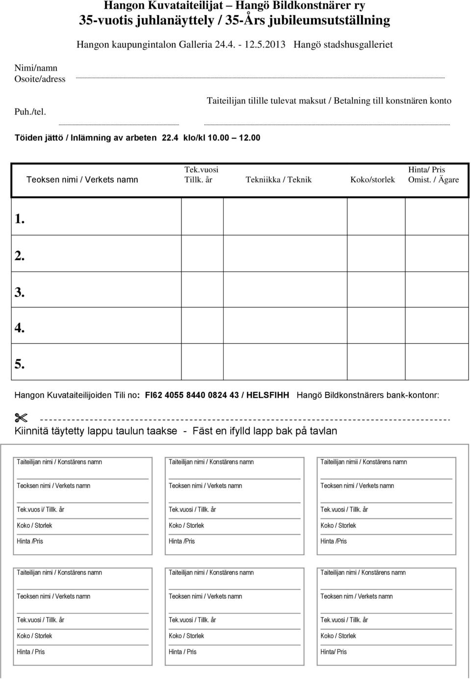 år Tekniikka / Teknik Koko/storlek Hinta/ Pris Omist. / Ägare 1. 2. 3. 4. 5.