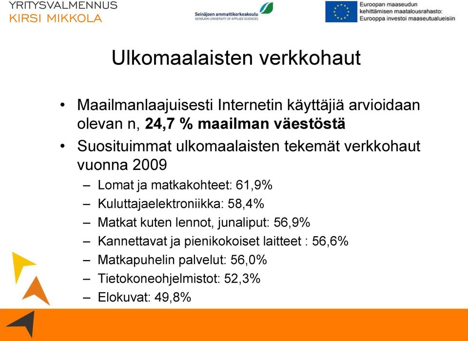 matkakohteet: 61,9% Kuluttajaelektroniikka: 58,4% Matkat kuten lennot, junaliput: 56,9%