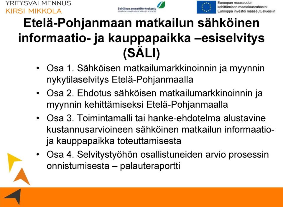 Ehdotus sähköisen matkailumarkkinoinnin ja myynnin kehittämiseksi Etelä-Pohjanmaalla Osa 3.