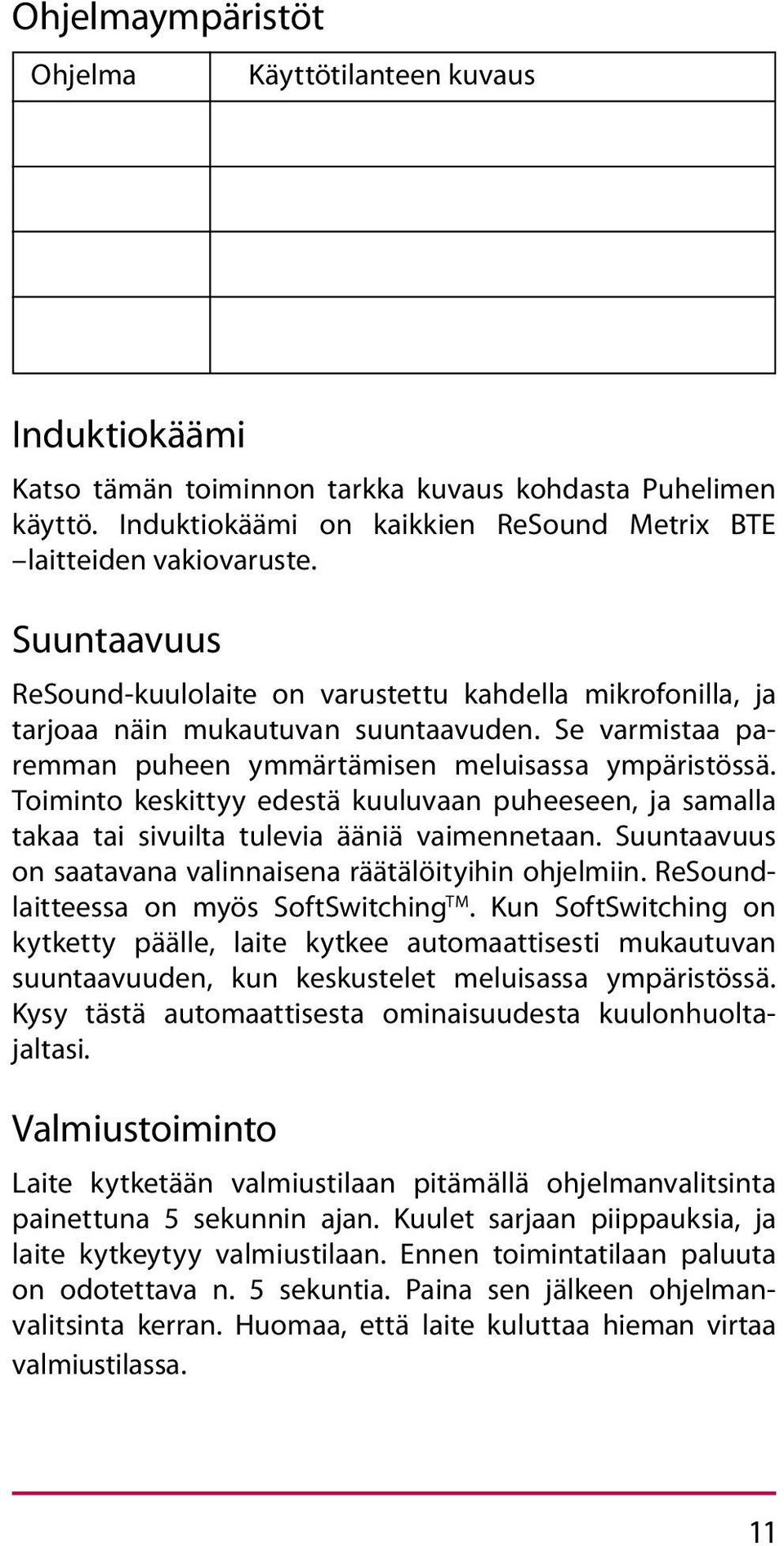 Toiminto keskittyy edestä kuuluvaan puheeseen, ja samalla takaa tai sivuilta tulevia ääniä vaimennetaan. Suuntaavuus on saatavana valinnaisena räätälöityihin ohjelmiin.