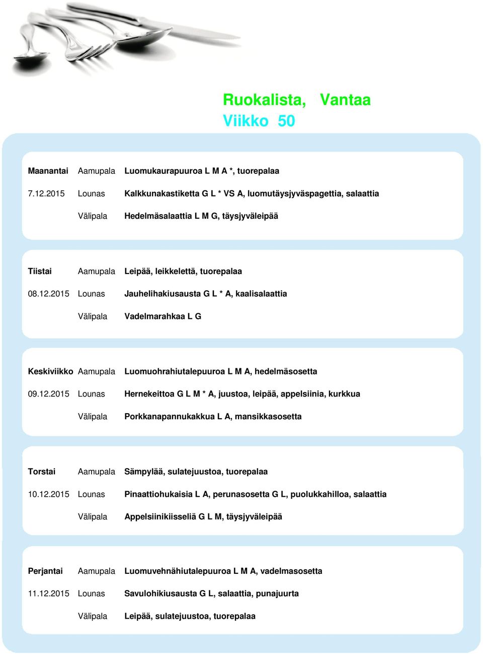 2015 Lounas Jauhelihakiusausta G L * A, kaalisalaattia Vadelmarahkaa L G Luomuohrahiutalepuuroa L M A, hedelmäsosetta 09.12.