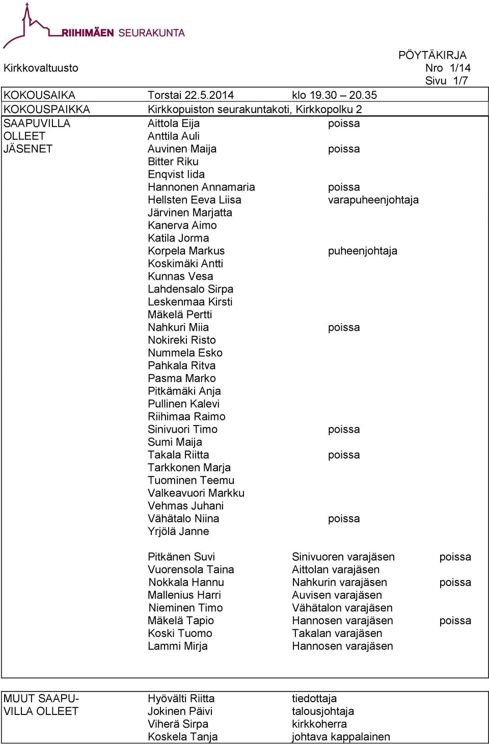 varapuheenjohtaja Järvinen Marjatta Kanerva Aimo Katila Jorma Korpela Markus puheenjohtaja Koskimäki Antti Kunnas Vesa Lahdensalo Sirpa Leskenmaa Kirsti Mäkelä Pertti Nahkuri Miia Nokireki Risto