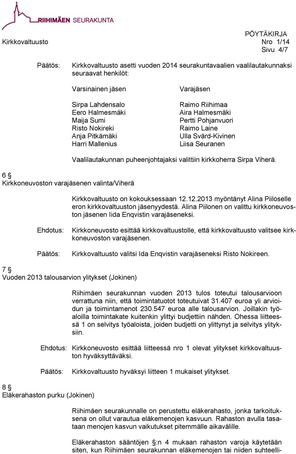 valittiin kirkkoherra Sirpa Viherä. Kirkkovaltuusto on kokouksessaan 12.12.2013 myöntänyt Alina Piiloselle eron kirkkovaltuuston jäsenyydestä.