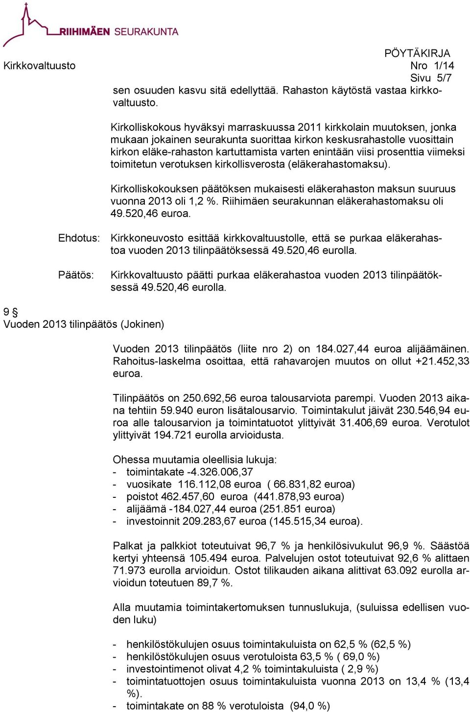 viisi prosenttia viimeksi toimitetun verotuksen kirkollisverosta (eläkerahastomaksu). Kirkolliskokouksen päätöksen mukaisesti eläkerahaston maksun suuruus vuonna 2013 oli 1,2 %.