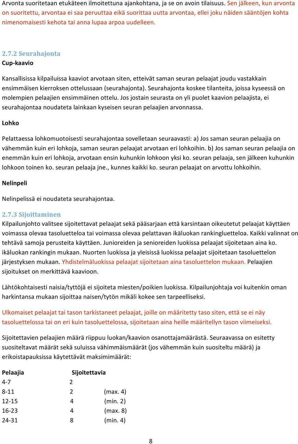 2 Seurahajonta Cup kaavio Kansallisissa kilpailuissa kaaviot arvotaan siten, etteivät saman seuran pelaajat joudu vastakkain ensimmäisen kierroksen ottelussaan (seurahajonta).