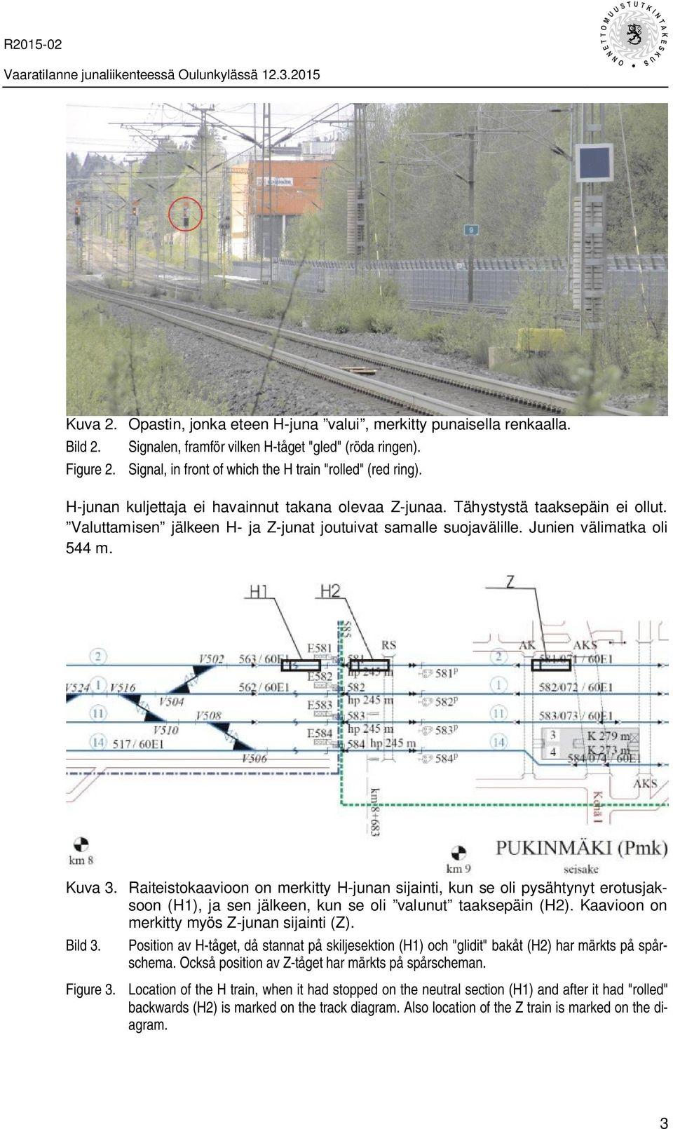 Valuttamisen jälkeen H- ja Z-junat joutuivat samalle suojavälille. Junien välimatka oli 544 m. Kuva 3.