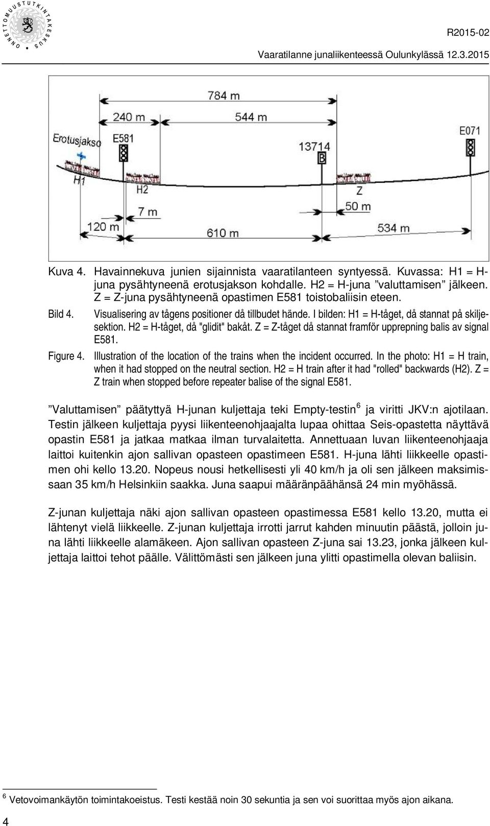 H2 = H-tåget, då "glidit" bakåt. Z = Z-tåget då stannat framför upprepning balis av signal E581. Figure 4. Illustration of the location of the trains when the incident occurred.