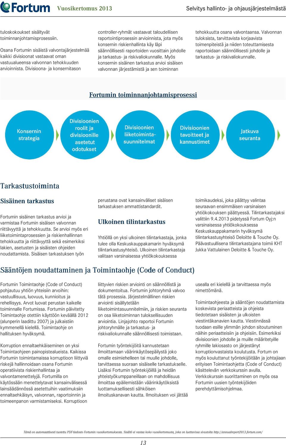 ja tarkastus- ja riskivaliokunnalle. Myös konsernin sisäinen tarkastus arvioi sisäisen valvonnan järjestämistä ja sen toiminnan tehokkuutta osana valvontaansa.