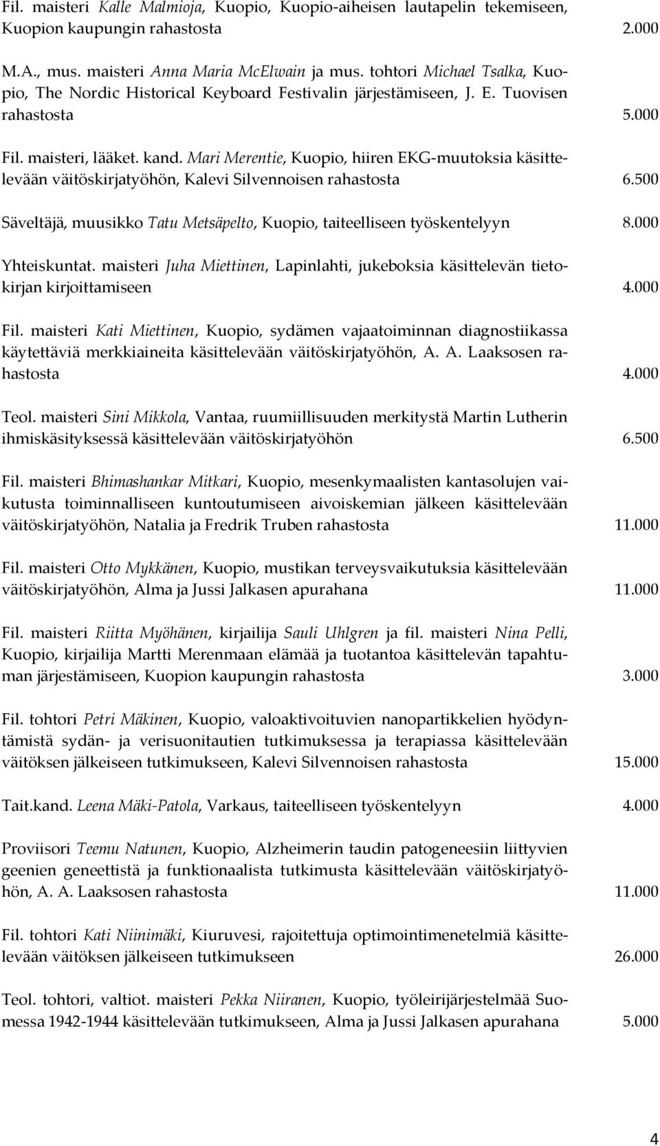 Mari Merentie, Kuopio, hiiren EKG-muutoksia käsittelevään väitöskirjatyöhön, Kalevi Silvennoisen rahastosta 6.500 Säveltäjä, muusikko Tatu Metsäpelto, Kuopio, taiteelliseen työskentelyyn 8.