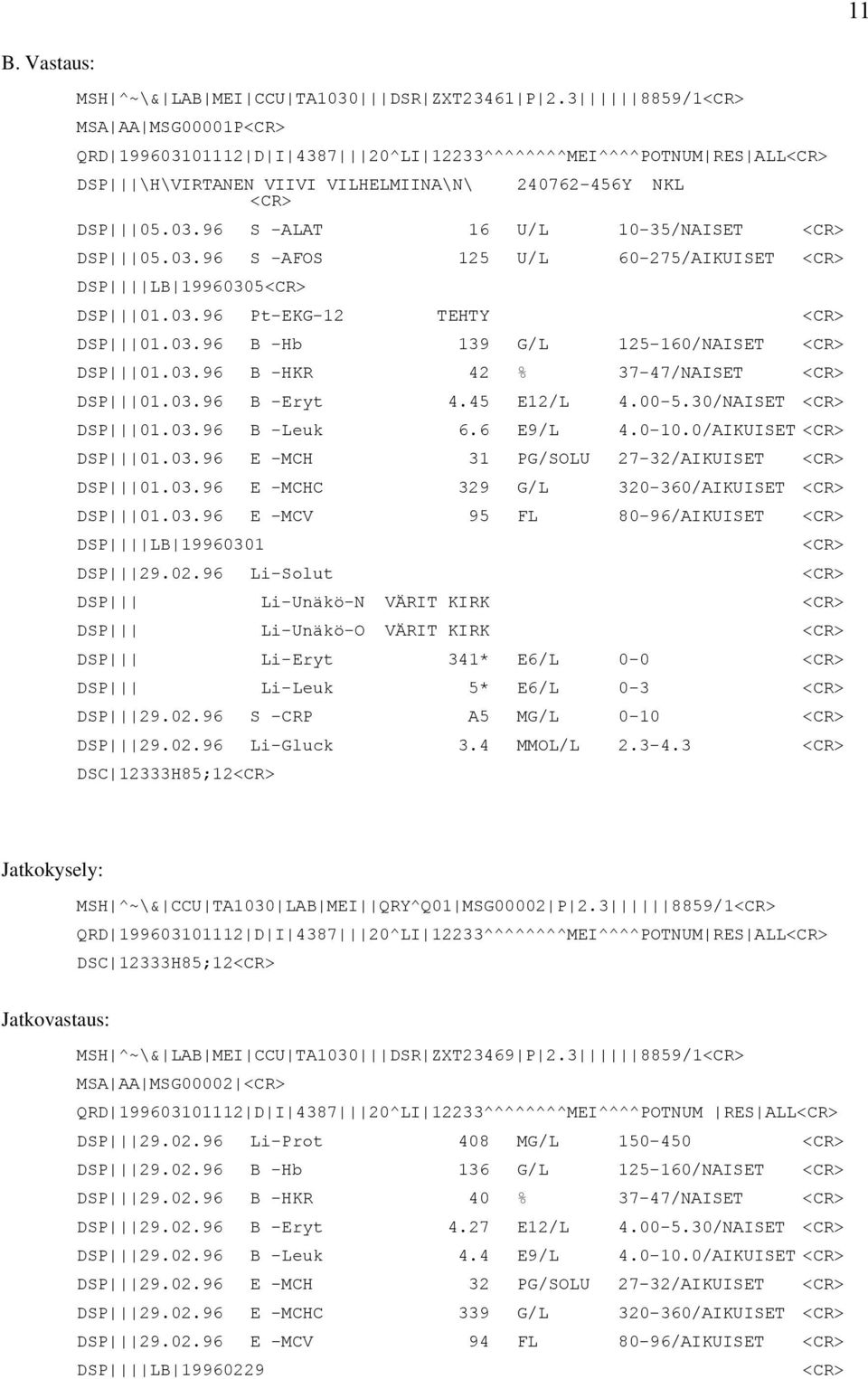 03.96 S -AFOS 125 U/L 60-275/AIKUISET <CR> DSP LB 19960305<CR> DSP 01.03.96 Pt-EKG-12 TEHTY <CR> DSP 01.03.96 B -Hb 139 G/L 125-160/NAISET <CR> DSP 01.03.96 B -HKR 42 % 37-47/NAISET <CR> DSP 01.03.96 B -Eryt 4.