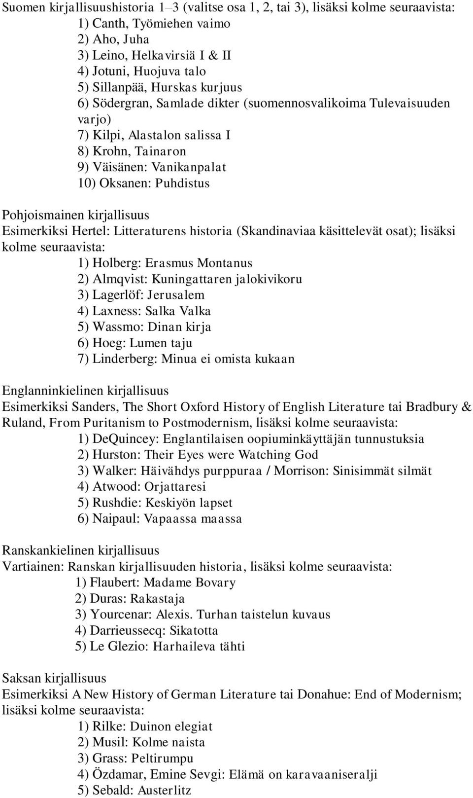 kirjallisuus Esimerkiksi Hertel: Litteraturens historia (Skandinaviaa käsittelevät osat); lisäksi kolme seuraavista: 1) Holberg: Erasmus Montanus 2) Almqvist: Kuningattaren jalokivikoru 3) Lagerlöf: