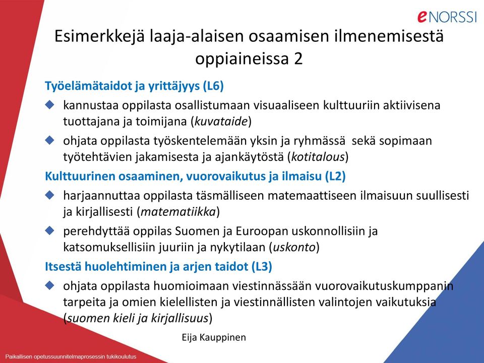 harjaannuttaa oppilasta täsmälliseen matemaattiseen ilmaisuun suullisesti ja kirjallisesti (matematiikka) perehdyttää oppilas Suomen ja Euroopan uskonnollisiin ja katsomuksellisiin juuriin ja