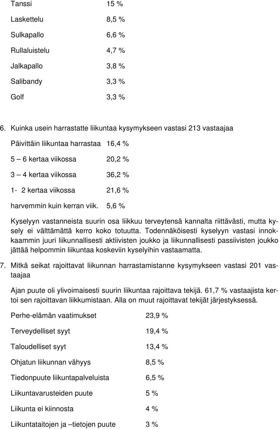 kuin kerran viik. 5,6 % Kyselyyn vastanneista suurin osa liikkuu terveytensä kannalta riittävästi, mutta kysely ei välttämättä kerro koko totuutta.