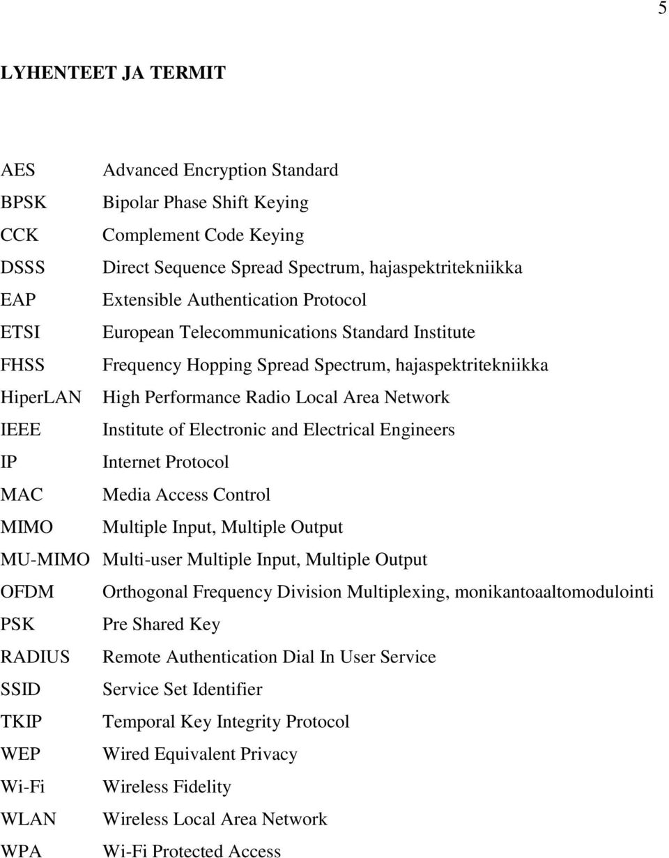 Institute of Electronic and Electrical Engineers IP Internet Protocol MAC Media Access Control MIMO Multiple Input, Multiple Output MU-MIMO Multi-user Multiple Input, Multiple Output OFDM Orthogonal