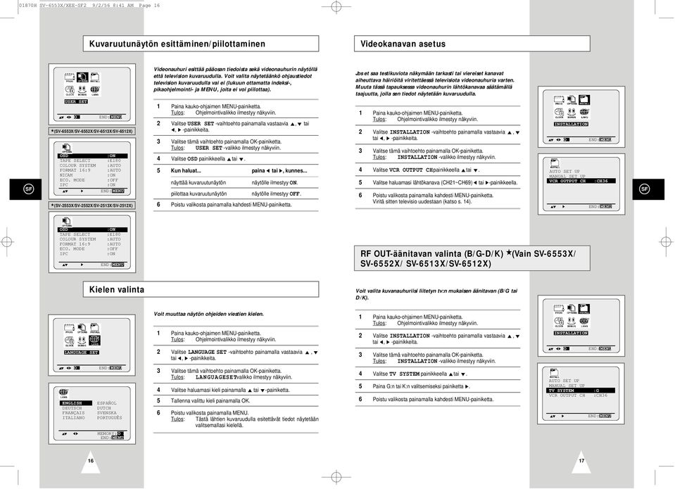 Voit valita näytetäänkö ohjaustiedot television kuvaruudulla vai ei (lukuun ottamatta indeksi-, pikaohjelmointi- ja MENU, joita ei voi piilottaa).