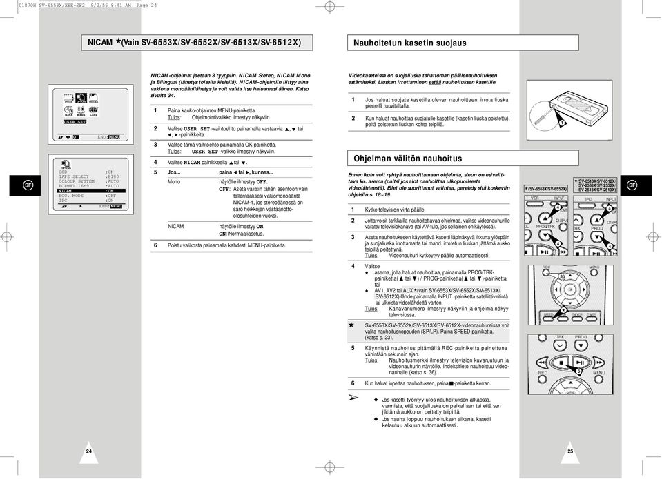 2 Valitse USER SET -vaihtoehto painamalla vastaavia, tai, -painikkeita. Tulos: USER SET -valikko ilmestyy näkyviin. 4 Valitse N I C A M painikkeella tai.