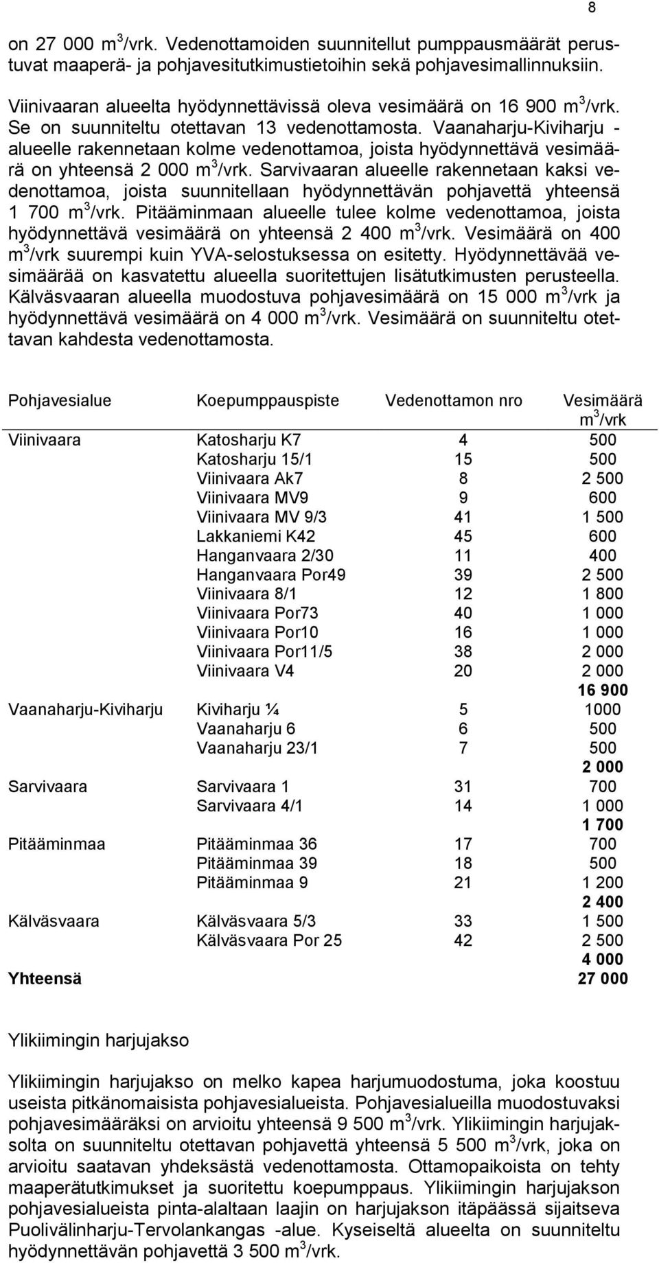 Vaanaharju-Kiviharju - alueelle rakennetaan kolme vedenottamoa, joista hyödynnettävä vesimäärä on yhteensä 2 000 m 3 /vrk.