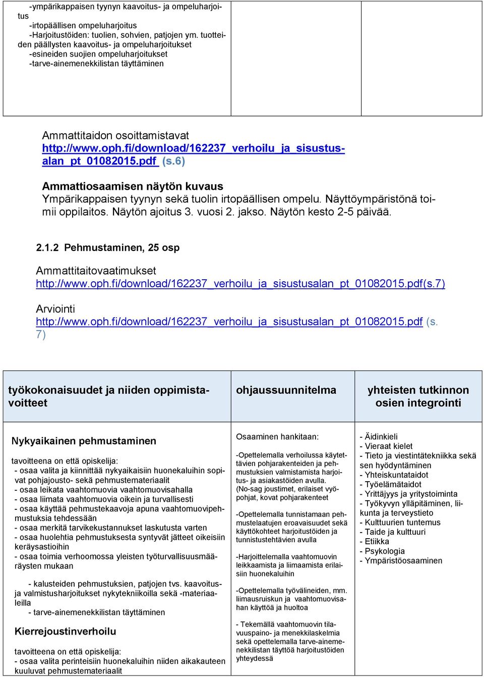 6) Ammattiosaamisen näytön kuvaus Ympärikappaisen tyynyn sekä tuolin irtopäällisen ompelu. Näyttöympäristönä toimii oppilaitos. Näytön ajoitus 3. vuosi 2. jakso. Näytön kesto 2-5 päivää. 2.1.