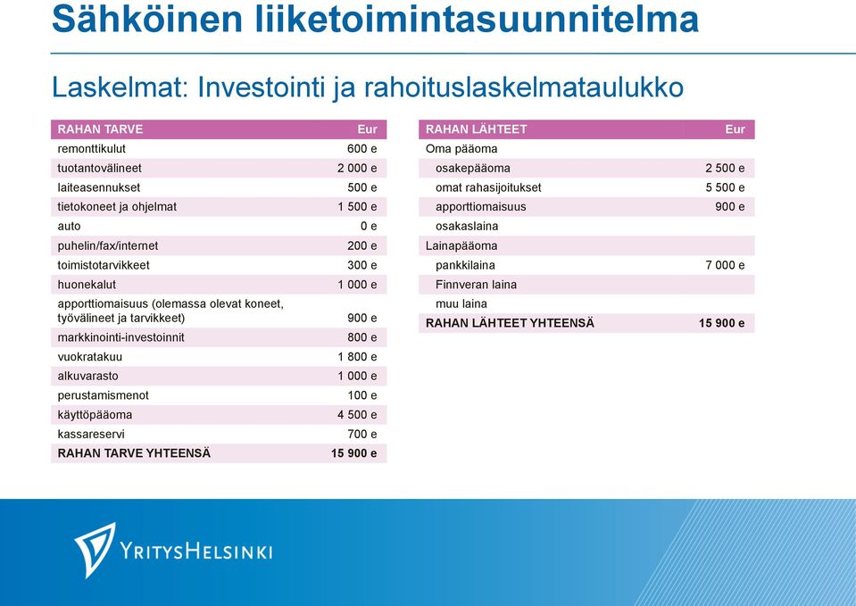 Lainapääoma toimistotarvikkeet 300 e pankkilaina 7 000 e huonekalut 1 000 e Finnveran laina apporttiomaisuus (olemassa olevat koneet, työvälineet ja tarvikkeet)