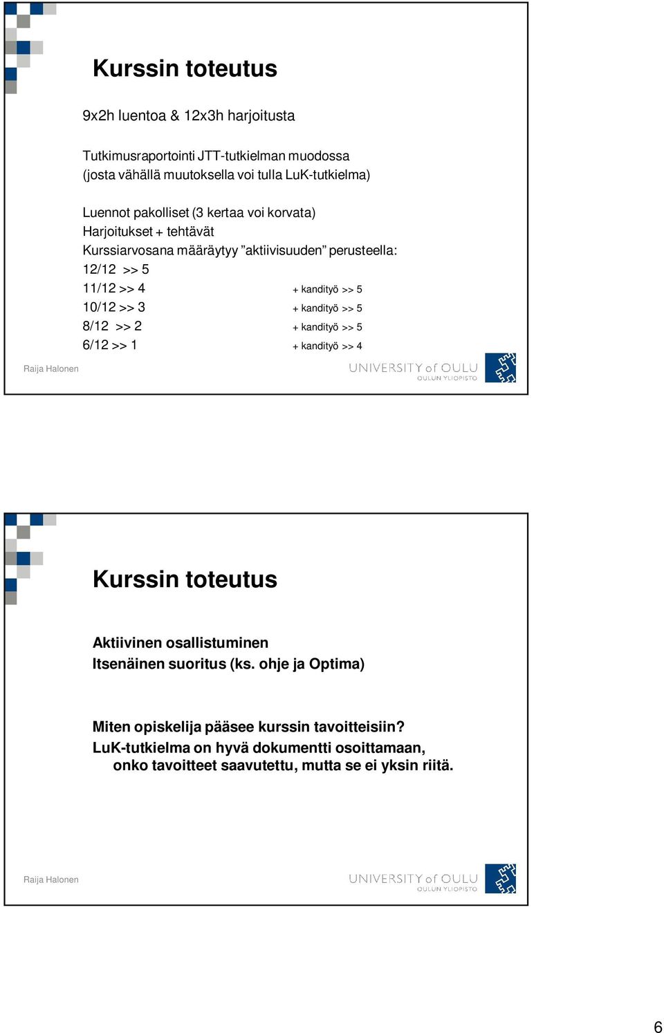 >> 5 10/12 >> 3 + kandityö >> 5 8/12 >> 2 + kandityö >> 5 6/12 >> 1 + kandityö >> 4 Kurssin toteutus Aktiivinen osallistuminen Itsenäinen suoritus (ks.