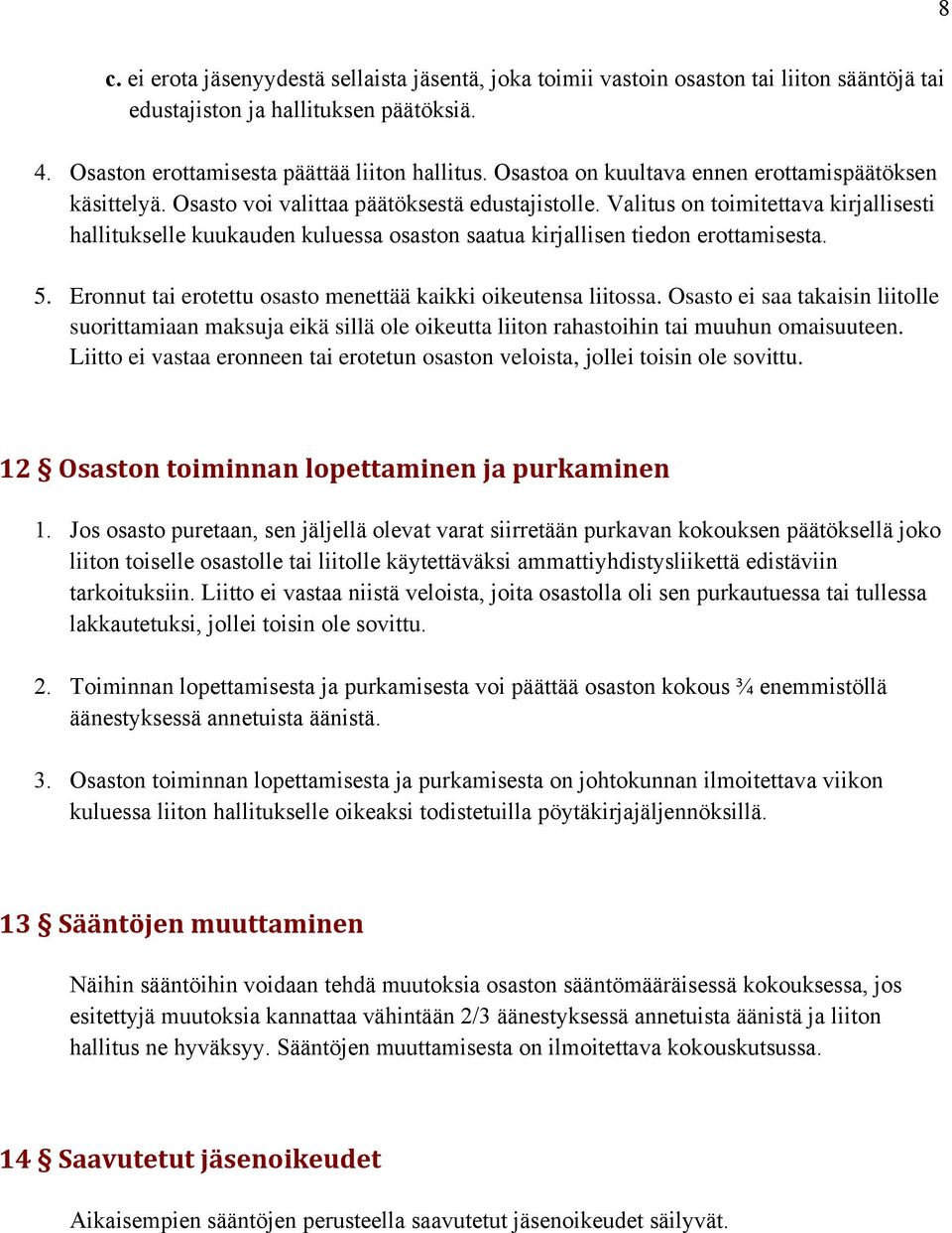 Valitus on toimitettava kirjallisesti hallitukselle kuukauden kuluessa osaston saatua kirjallisen tiedon erottamisesta. 5. Eronnut tai erotettu osasto menettää kaikki oikeutensa liitossa.