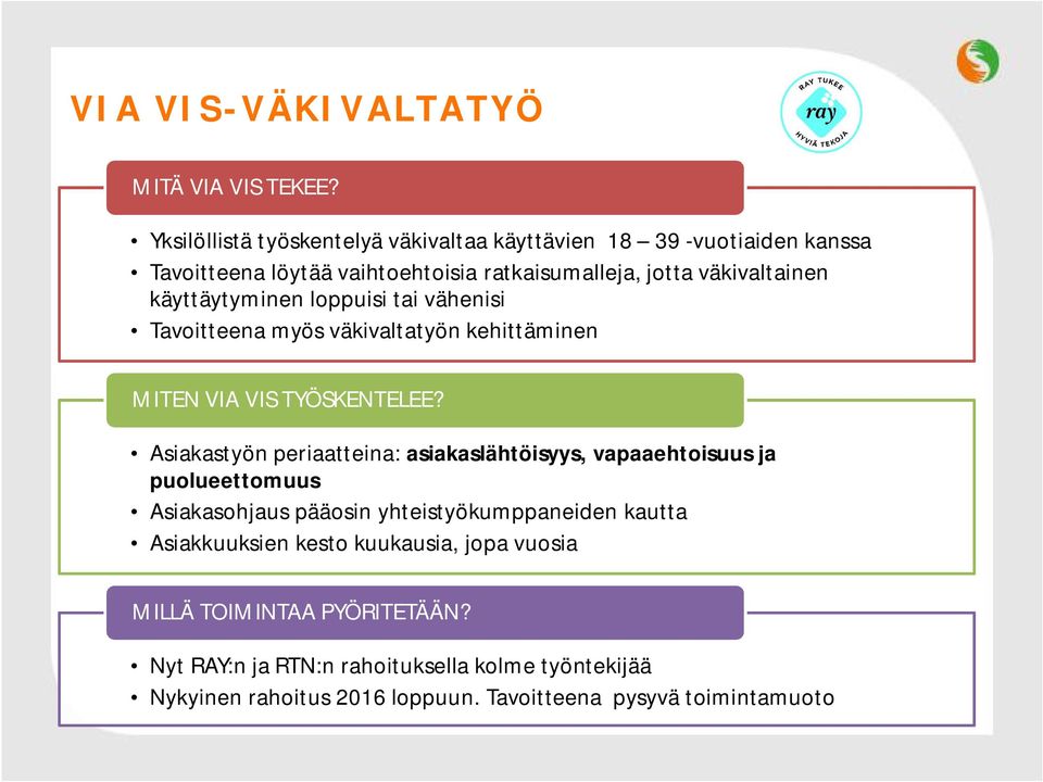 käyttäytyminen loppuisi tai vähenisi Tavoitteena myös väkivaltatyön kehittäminen MITEN VIA VIS TYÖSKENTELEE?