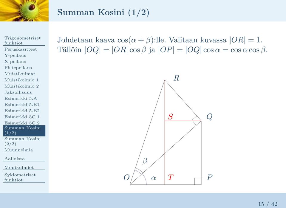 1 Esimerkki 5C.2 (1/2) (2/2) Muunnelmia Johdetaan kaava cos(α + β):lle.