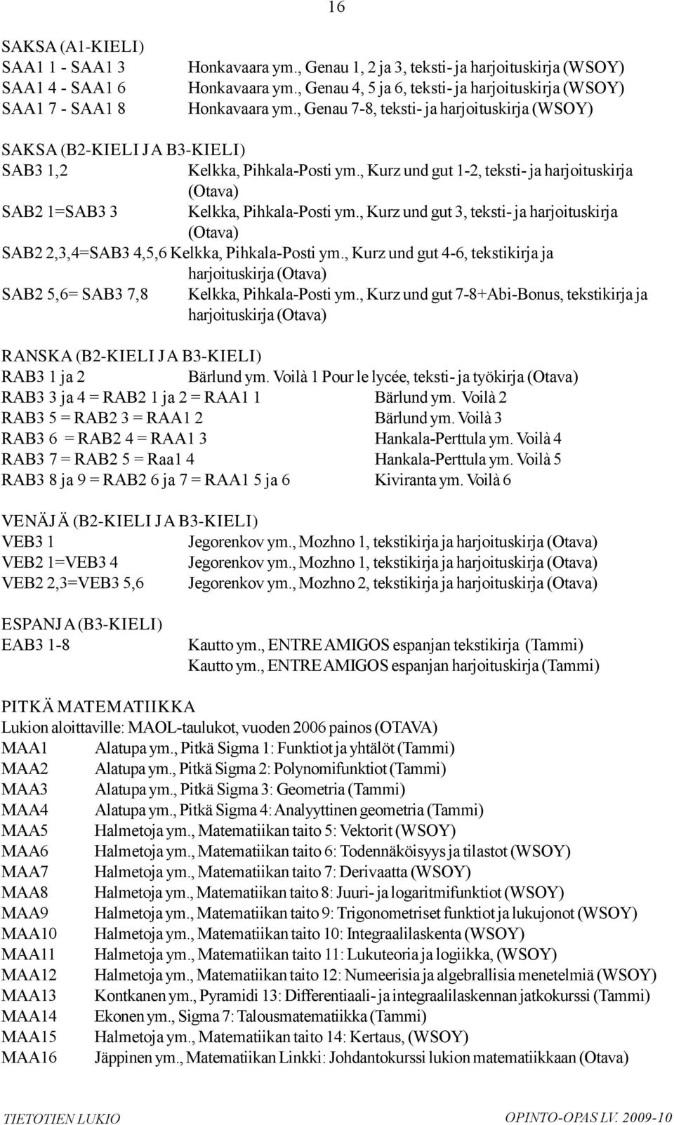 , Kurz und gut 1-2, teksti- ja harjoituskirja SAB2 1=SAB3 3 Kelkka, Pihkala-Posti ym., Kurz und gut 3, teksti- ja harjoituskirja SAB2 2,3,4=SAB3 4,5,6 Kelkka, Pihkala-Posti ym.