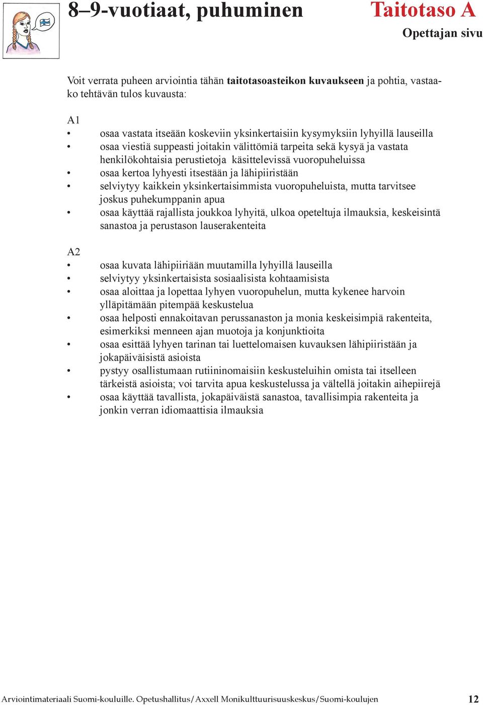 lähipiiristään selviytyy kaikkein yksinkertaisimmista vuoropuheluista, mutta tarvitsee joskus puhekumppanin apua osaa käyttää rajallista joukkoa lyhyitä, ulkoa opeteltuja ilmauksia, keskeisintä