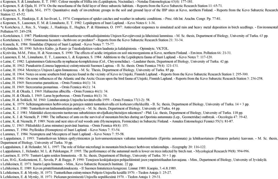 1975: Quantitative study of invertebrate groups in the soil and ground layer of the IBP sites at Kevo, northern Finland. - Reports from the Kevo Subarctic Research Station 12: 45-52. e Koponen, S.