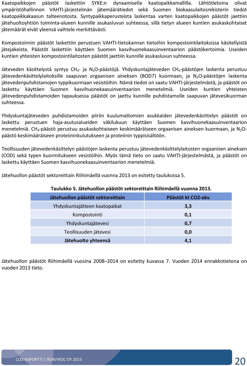 Syntypaikkaperusteista laskentaa varten kaatopaikkojen päästöt jaettiin jätehuoltoyhtiön toiminta-alueen kunnille asukasluvun suhteessa, sillä tietyn alueen kuntien asukaskohtaiset jätemäärät eivät