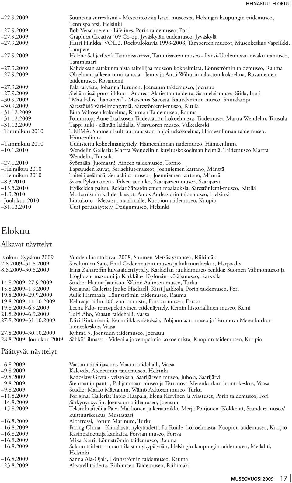 9.2009 Kahdeksan satakuntalaista taiteilijaa museon kokoelmista, Lönnströmin taidemuseo, Rauma 27.9.2009 ohjelman jälkeen tunti tanssia - Jenny ja Antti Wihurin rahaston kokoelma, Rovaniemen taidemuseo, Rovaniemi 27.