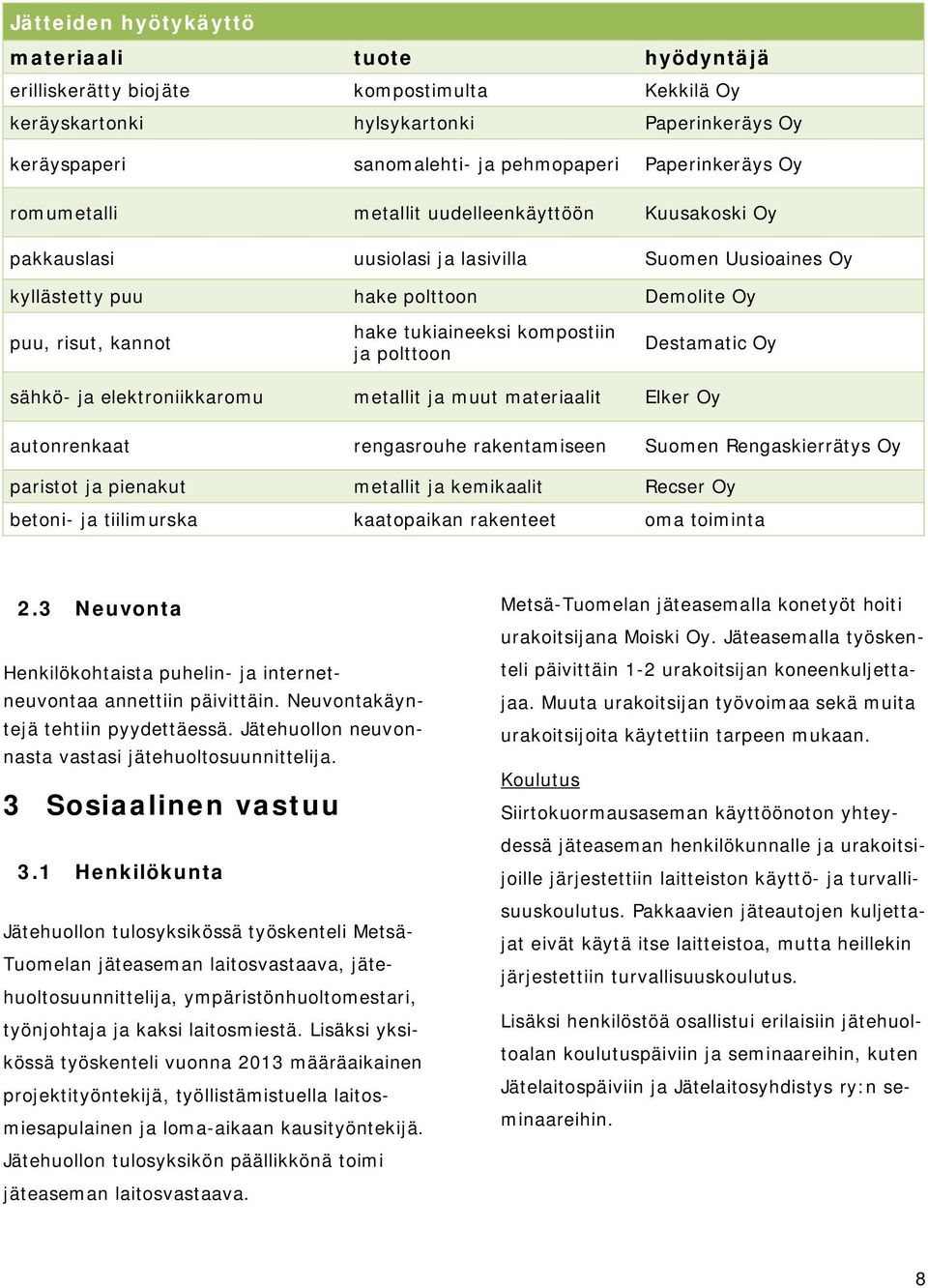 kompostiin ja polttoon Destamatic Oy sähkö- ja elektroniikkaromu metallit ja muut materiaalit Elker Oy autonrenkaat rengasrouhe rakentamiseen Suomen Rengaskierrätys Oy paristot ja pienakut metallit