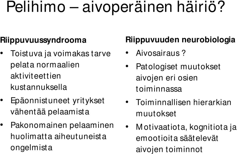 Epäonnistuneet yritykset vähentää pelaamista Pakonomainen pelaaminen huolimatta aiheutuneista ongelmista