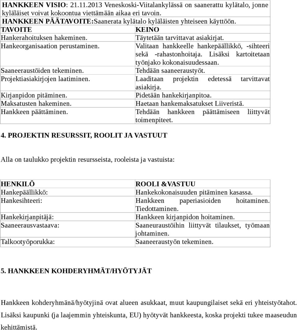 Projektiasiakirjojen laatiminen. Kirjanpidon pitäminen. Maksatusten hakeminen. Hankkeen päättäminen. 4. PROJEKTIN RESURSSIT, ROOLIT JA VASTUUT Täytetään tarvittavat asiakirjat.