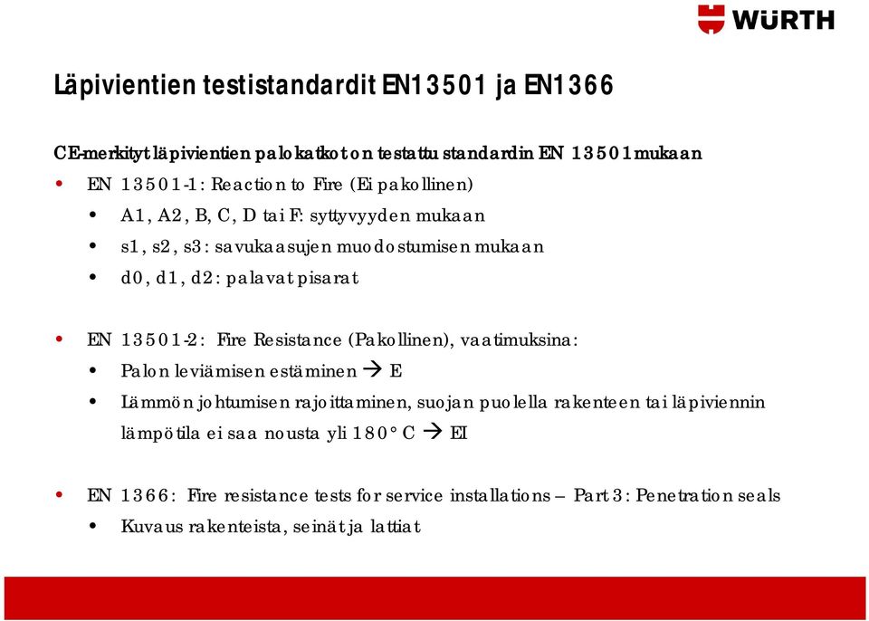 Resistance (Pakollinen), vaatimuksina: Palon leviämisen estäminen E Lämmön johtumisen rajoittaminen, suojan puolella rakenteen tai läpiviennin