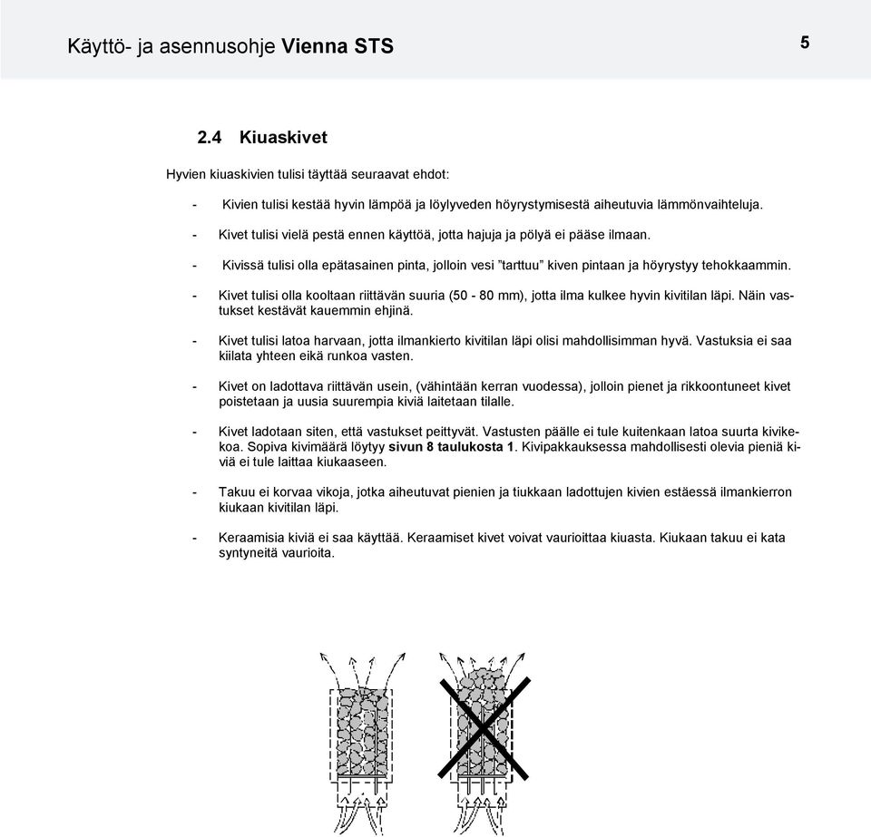 - Kivet tulisi olla kooltaan riittävän suuria (50-80 mm), jotta ilma kulkee hyvin kivitilan läpi. Näin vastukset kestävät kauemmin ehjinä.