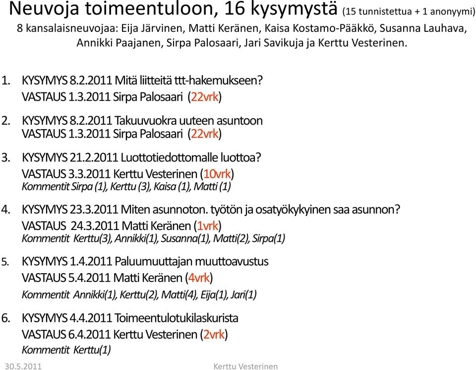 KYSYMYS 21.2.2011 Luottotiedottomalle luottoa? VASTAUS 3.3.2011 Kerttu Vesterinen (10vrk) Kommentit Sirpa (1), Kerttu (3), Kaisa (1), Matti (1) 4. KYSYMYS 23.3.2011 Miten asunnoton.