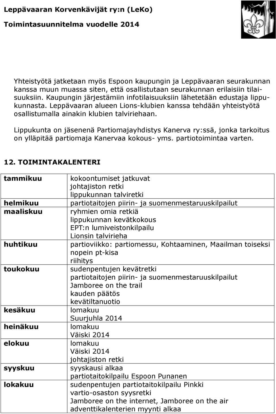 Lippukunta on jäsenenä Partiomajayhdistys Kanerva ry:ssä, jonka tarkoitus on ylläpitää partiomaja Kanervaa kokous- yms. partiotoimintaa varten. 12.