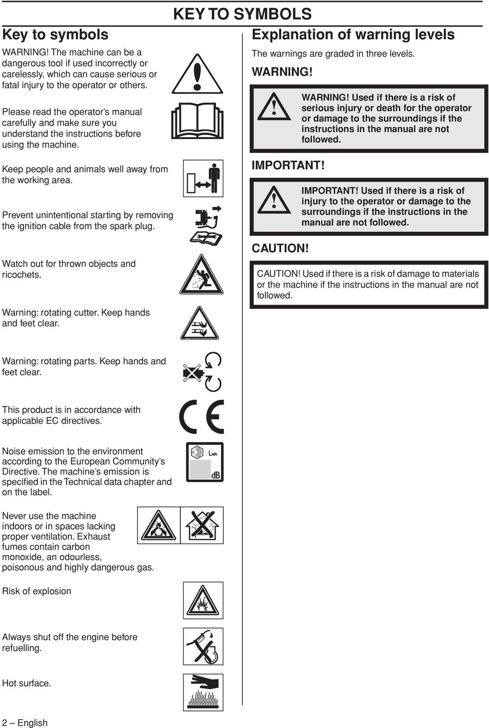 KEY TO SYMBOLS Explanation of warning levels The warnings are graded in three levels.