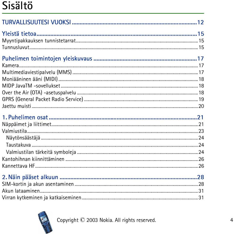 ..18 GPRS (General Packet Radio Service)...19 Jaettu muisti...20 1. Puhelimen osat...21 Näppäimet ja liittimet...21 Valmiustila...23 Näytönsäästäjä...24 Taustakuva.