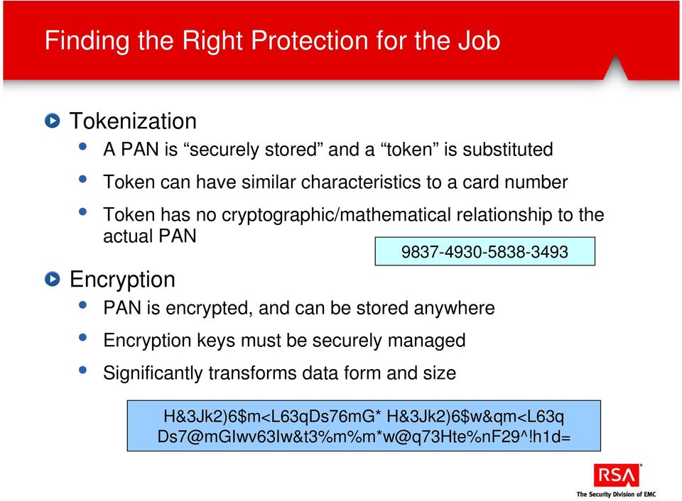 9837-4930-5838-3493 Encryption PAN is encrypted, and can be stored anywhere Encryption keys must be securely managed