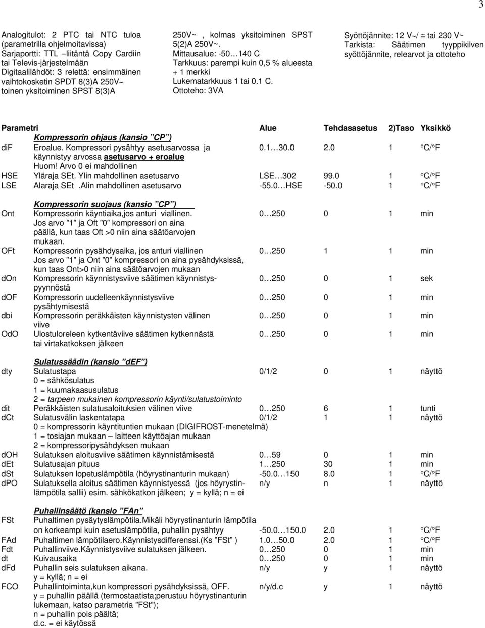 Ottoteho: 3VA Syöttöjännite: 12 V / tai 230 V~ Tarkista: Säätimen tyyppikilven syöttöjännite, relearvot ja ottoteho Parametri Alue Tehdasasetus 2)Taso Yksikkö Kompressorin ohjaus (kansio CP ) dif