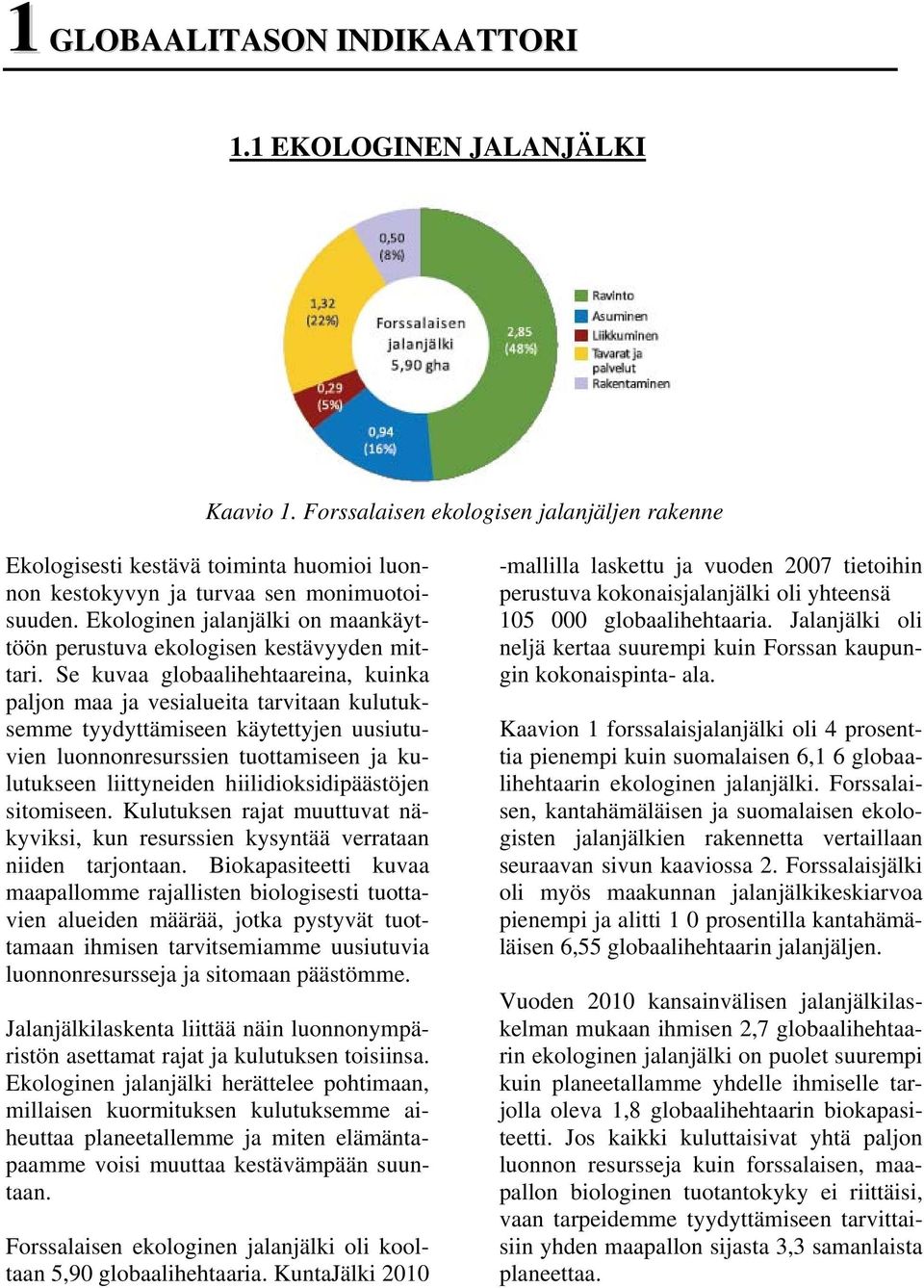 Se kuvaa globaalihehtaareina, kuinka paljon maa ja vesialueita tarvitaan kulutuksemme tyydyttämiseen käytettyjen uusiutuvien luonnonresurssien tuottamiseen ja kulutukseen liittyneiden